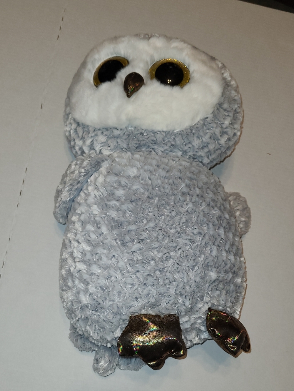 Ty Gray and White Plush Owl Pet Toy with Shiny Brown Feet LARGE